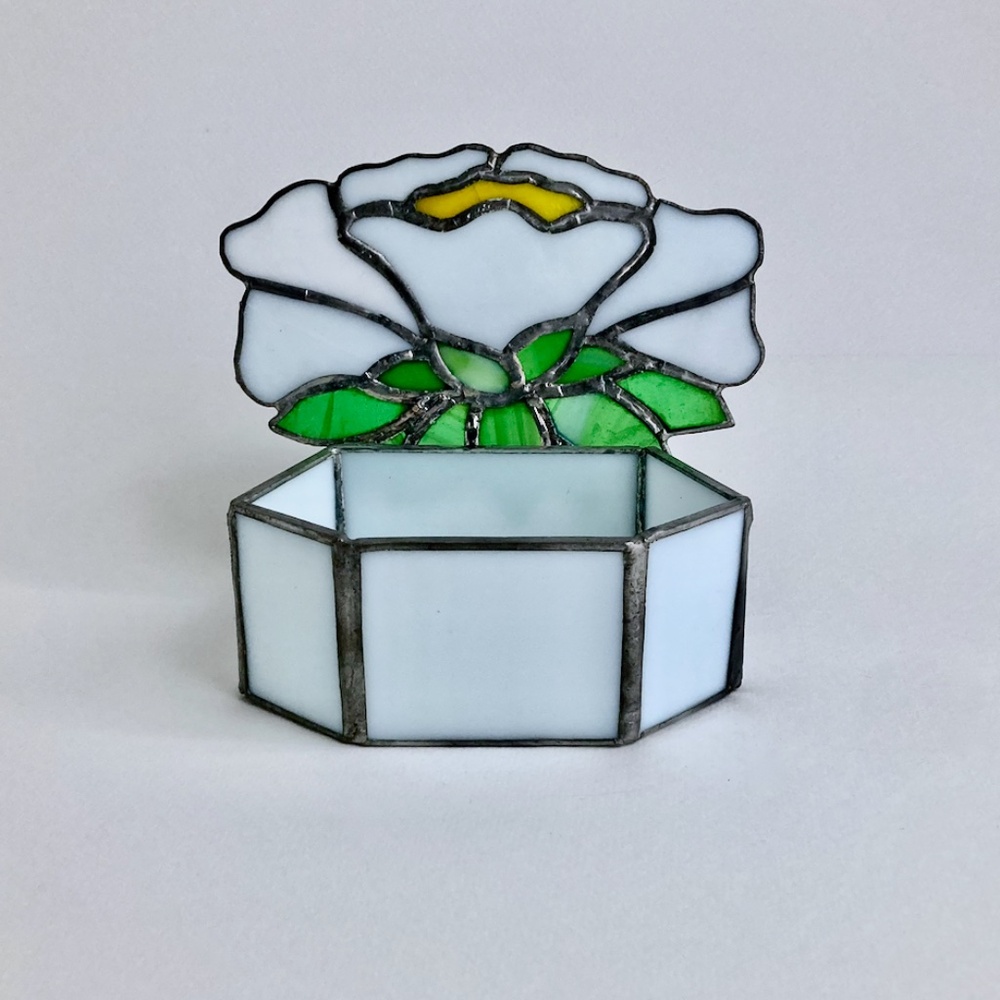 Vintage Clear + Yellow & Green Stained Glass Floral Box